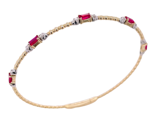 14K Yellow Gold Ruby and Diamond Beaded Bangle