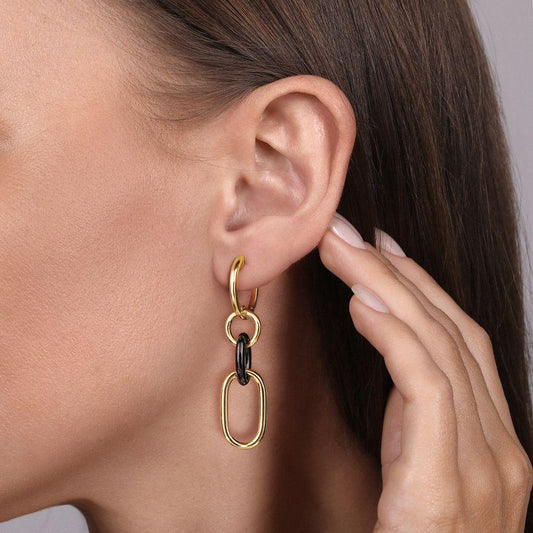 14K Yellow Gold Hollow Tube and Black Oval Ceramic Link Huggie Drop Earrings