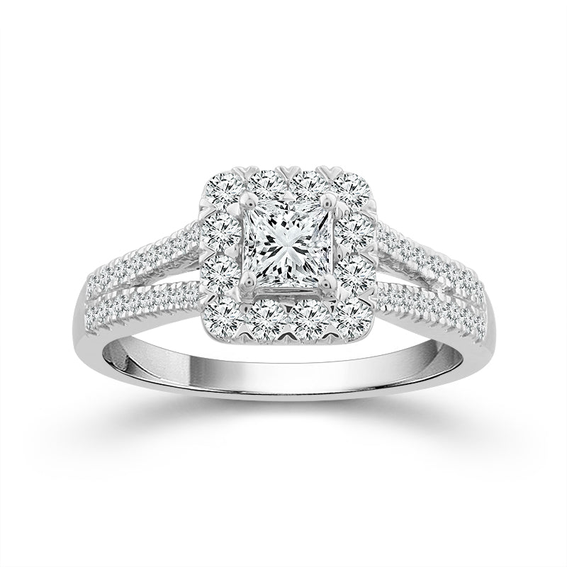 14K White Gold Round Diamond with Cushion Halo Engagement Ring