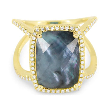 Yellow Gold Moonstone and Pave Diamond Ring