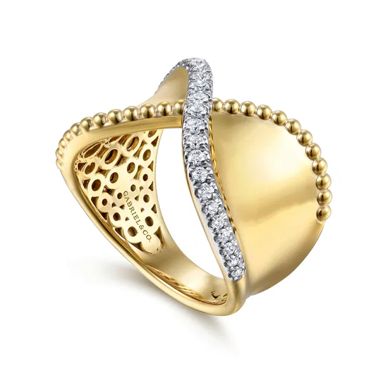14K Yellow Gold Bujukan and Diamond Wide Band X Ring