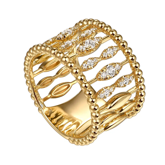 14K Yellow Gold Diamond and Bujukan Beads Wide Band Ring