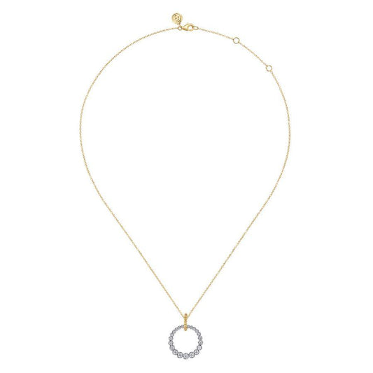 14K White and Yellow Gold Graduated Diamond 20mm Circle Necklace