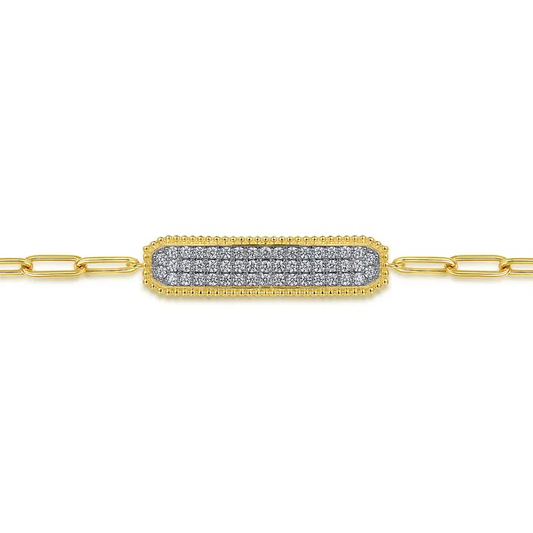 14K Yellow Gold Diamond Pave Wide Bar Hollow Chain Bracelet