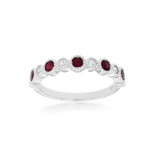 14K White Gold Ruby and Diamond Bezel-Set Band