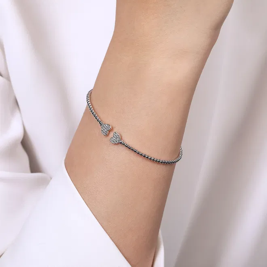 14K White Gold Bujukan Split Cuff Bracelet with Pave Diamond Hearts