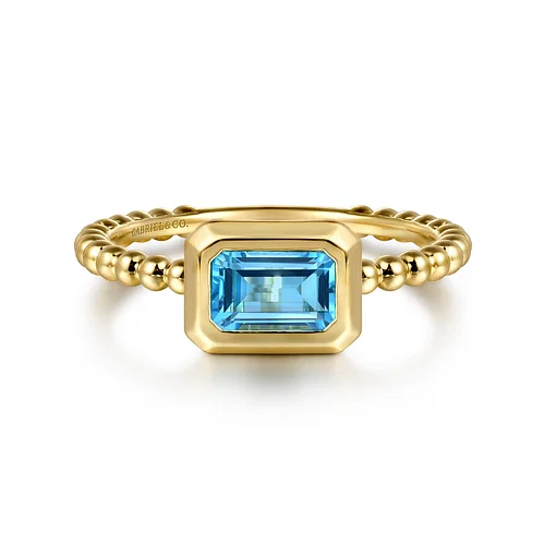14K Yellow Plain Gold Bujukan And Blue Topaz Stackable Ring