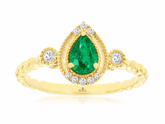 14K Yellow Gold Pear Emerald and Diamond Ring