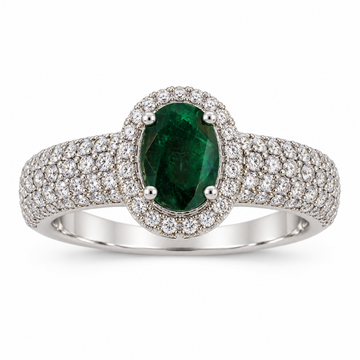 18K White Gold Oval Emerald with Diamond Halo Ring