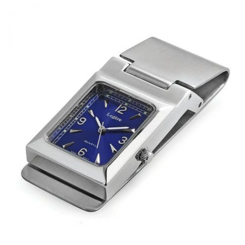 Rhodium Plated Money Clip with Blue Watch Face