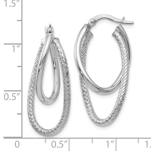 14K White Gold Polished & Textured Hinged Hoop Earrings