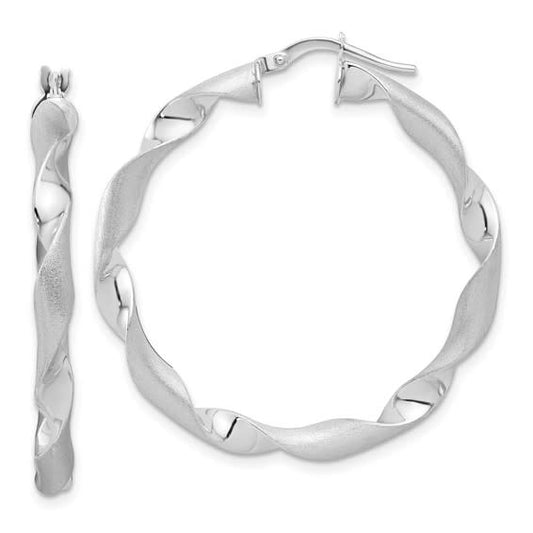 14K White Gold Polished and Brushed Twisted Hoop Earrings