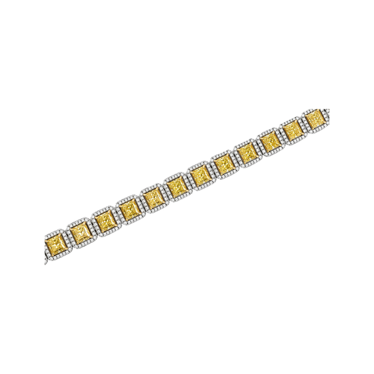 14K Two Tone 12.90ctw Cushion Yellow Diamond Pave Halo-Set Bracelet