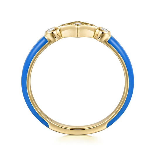 14K Yellow Gold Diamond Split Stackable with Blue Enamel