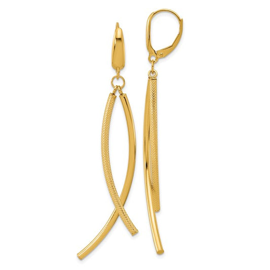 14k Polished and Textured Tube Dangle Leverback Earrings