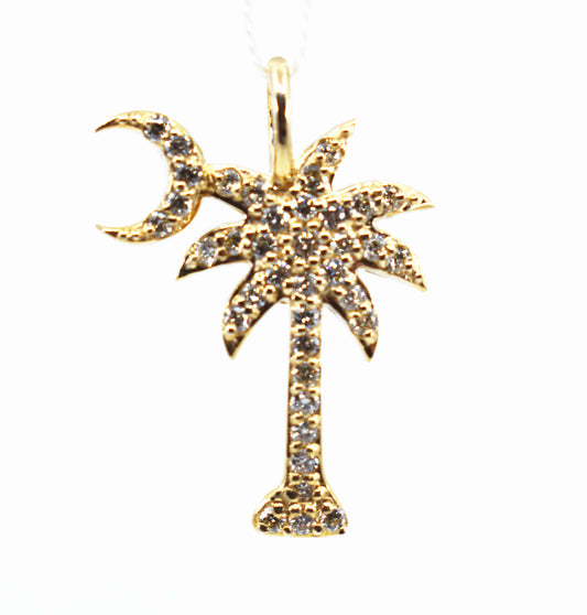 14K Yellow Gold Diamond Palm Tree and Crescent Moon Pendant