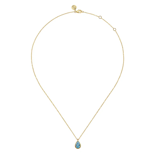 14K Yellow Gold Teardrop Blue Topaz Pendant Necklace