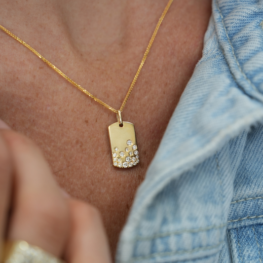 14KT Yellow Gold Scattered Diamond Dog Tag Pendant