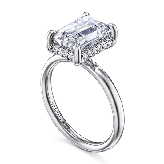 14K White Gold Emerald Cut Hidden Halo Diamond Engagement Ring