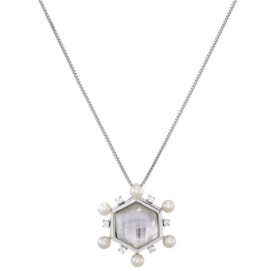 Sterling Silver Mother of Pearl and White Sapphire Geometric Necklace