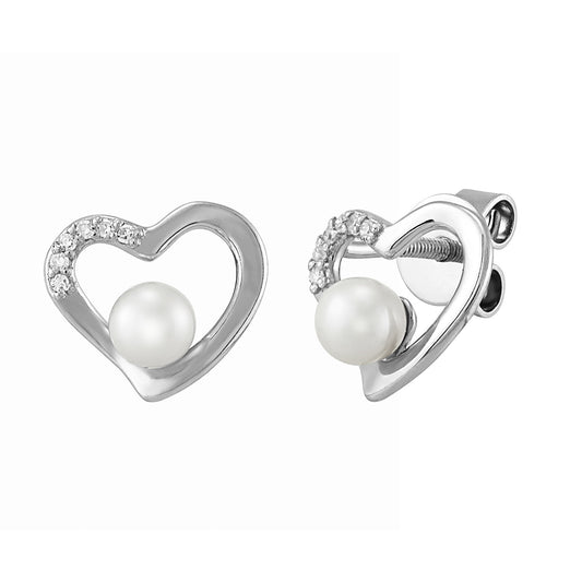 Sterling Silver Heart and Pearl Stud Earrings