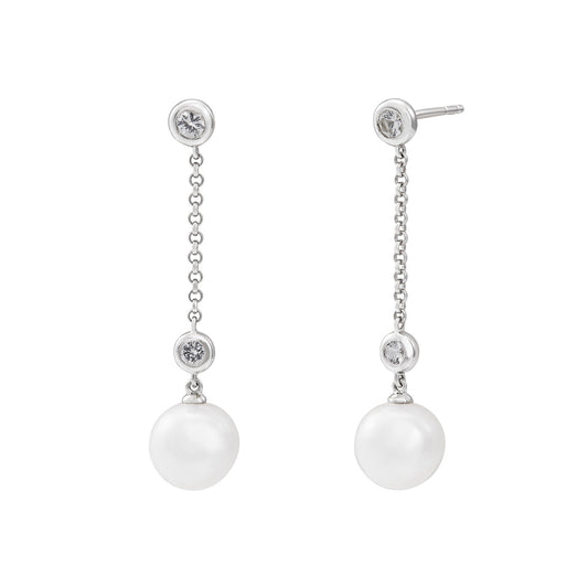 Sterling Silver White Pearl and White Sapphire Dangle Earrings
