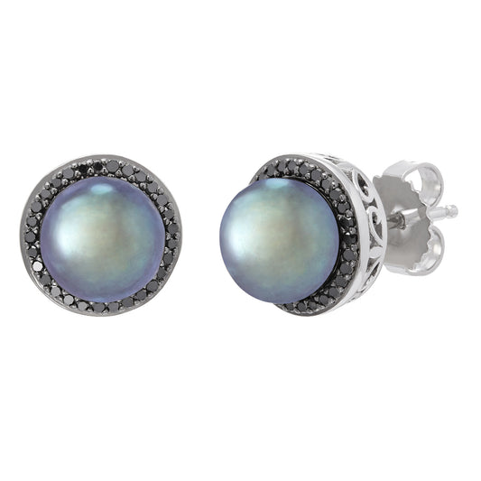 Sterling Silver Black Pearl and Diamond Studs