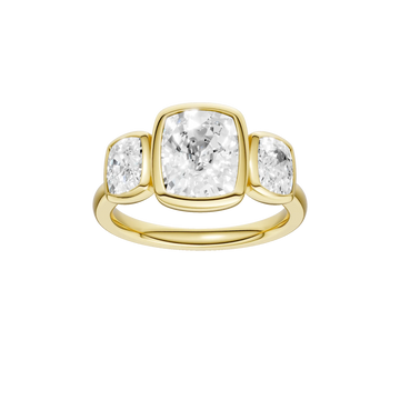 14K Yellow Gold Lab Grown 3.15ctw Elongated Cushion Diamond Three Stone Bezel Engagement Ring