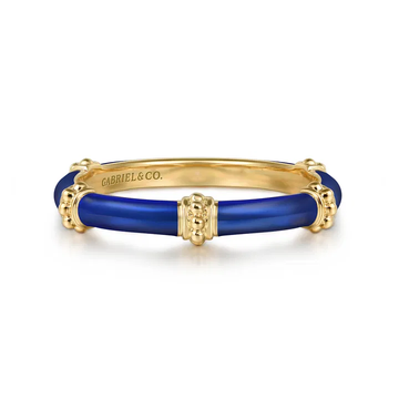 14K Yellow Gold Bujukan Bar Split Stackable Ring with Chrome Blue Enamel