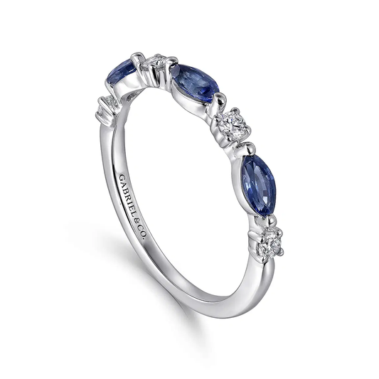 14K White Gold Diamonds and Marquise Blue Sapphire Fashion Ladies Ring