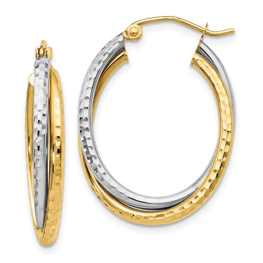 10K Two Tone Textured Double Oval Hoops