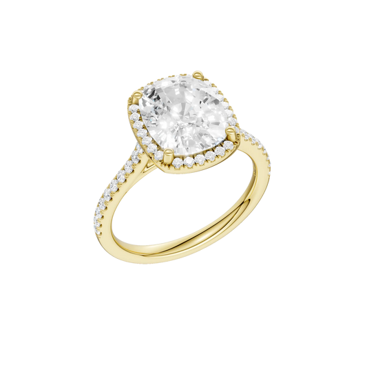 14K Yellow Gold Lab Grown 3.40ctw Elongated Cushion Cut Diamond Halo Cathedral Engagement Ring
