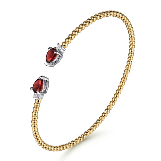 14K White Yellow Gold Bujukan Open Cuff Bracelet with Garnet and Diamond End Caps