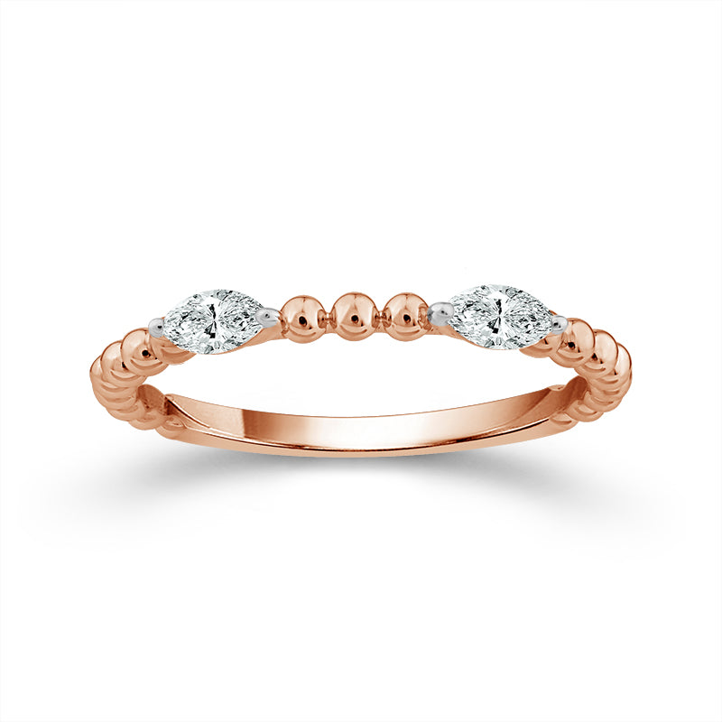 14K Rose Gold Marquise Diamond Stations Beaded Stackable Ring