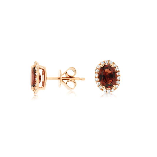 14K Rose Gold Garnet and Diamond Stud Earrings