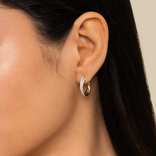 14K Yellow-White Gold Layered 15mm Diamond Huggie Earrings