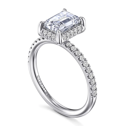 14K White Gold Emerald Cut Hidden Halo Diamond Engagement Ring