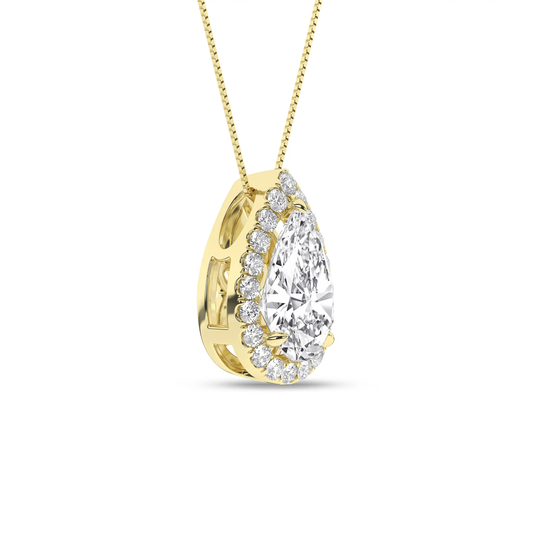 14K Yellow Gold Lab Grown 1.15CTW Pear Halo Necklace
