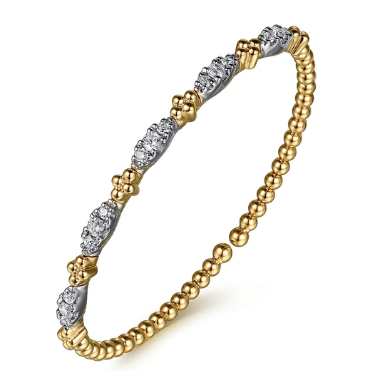 14K White Yellow Gold Bujukan Beads and Diamond Station Split Bangle Bracelet