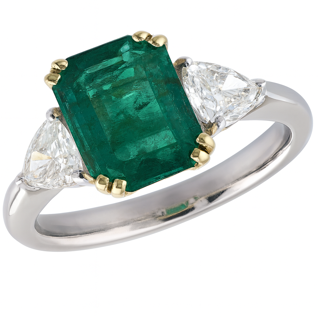 Platinum and 14K Gold Emerald and Diamond Three Stone Ring