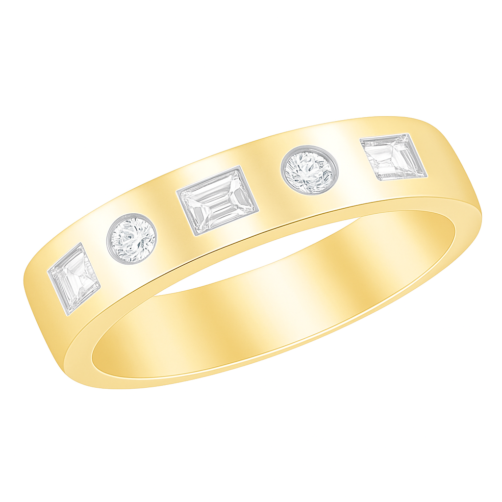 14K Yellow Gold .50ctw Round & Baguette Diamond Bezel-Set Band