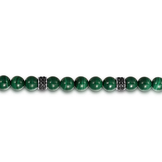 925 Sterling Silver 6mm Black Spinel and Malachite Beaded Bracelet