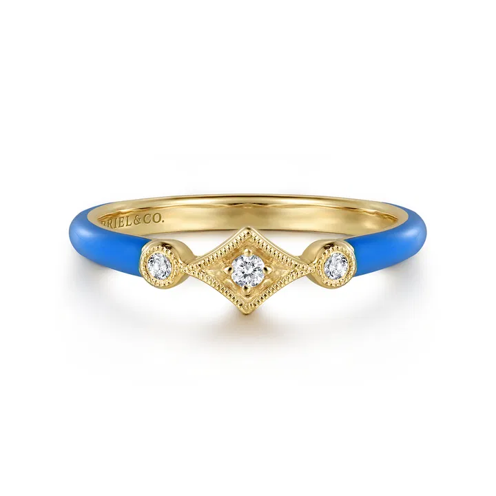 14K Yellow Gold Diamond Split Stackable with Blue Enamel