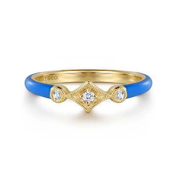 14K Yellow Gold Diamond Split Stackable with Blue Enamel