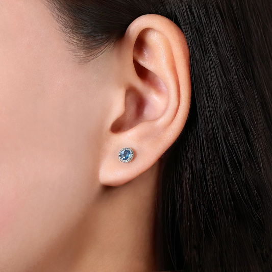 14K White Gold Round Blue Topaz and Diamond Halo Stud Earring