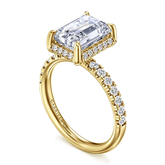 14K Yellow Gold Emerald Cut Hidden Halo Diamond Engagement Ring