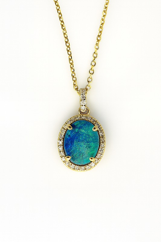 14k Yellow Gold Opal and Diamond Halo Necklace