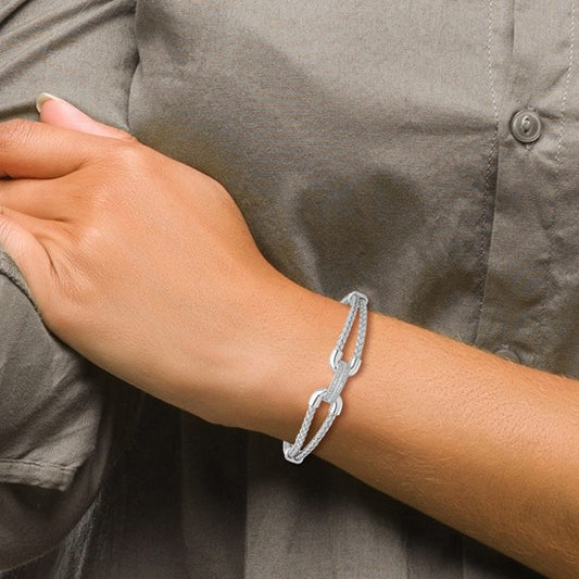 Sterling Silver Rhodium-Plated CZ Woven Flexible Cuff Bracelet
