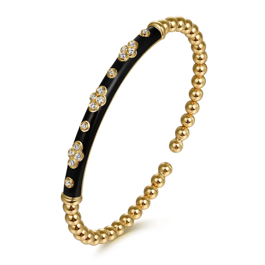 14K Yellow Gold Bujukan Beads and Diamond Split Bangle Bracelet with Black Enamel