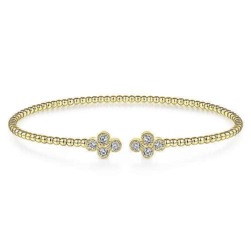 14K Yellow Gold Bead Split Cuff Bracelet with Quatrefoil Diamond Endcaps